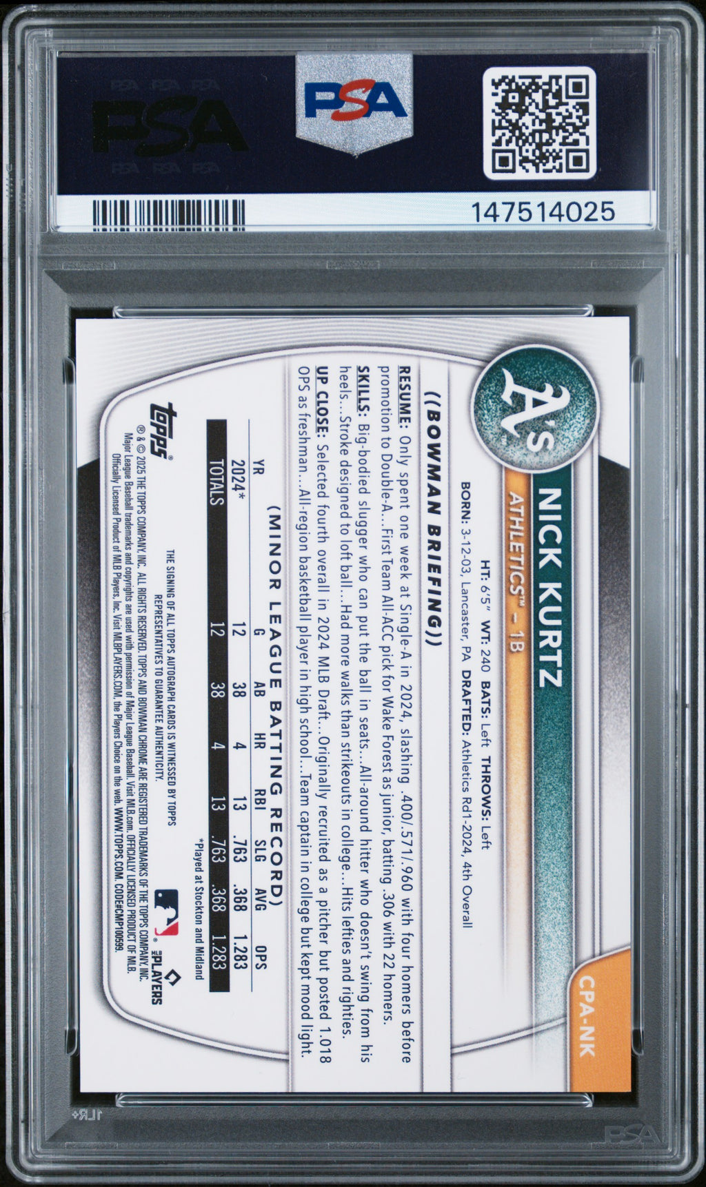 2025 Bowman Chrome Prospect Auto #CPANK Nick Kurtz Chrome Green Shimmer PSA 9
