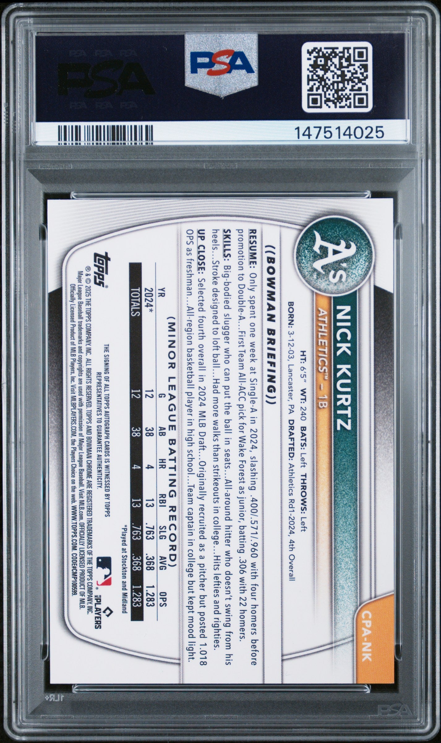 2025 Bowman Chrome Prospect Auto #CPANK Nick Kurtz Chrome Green Shimmer PSA 9