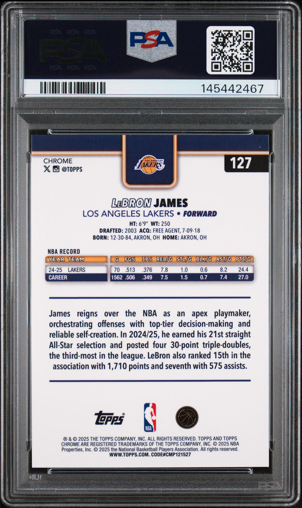 2025-26 Topps Chrome #127 LeBron James Blue Basketball Refractor PSA 10 #/150