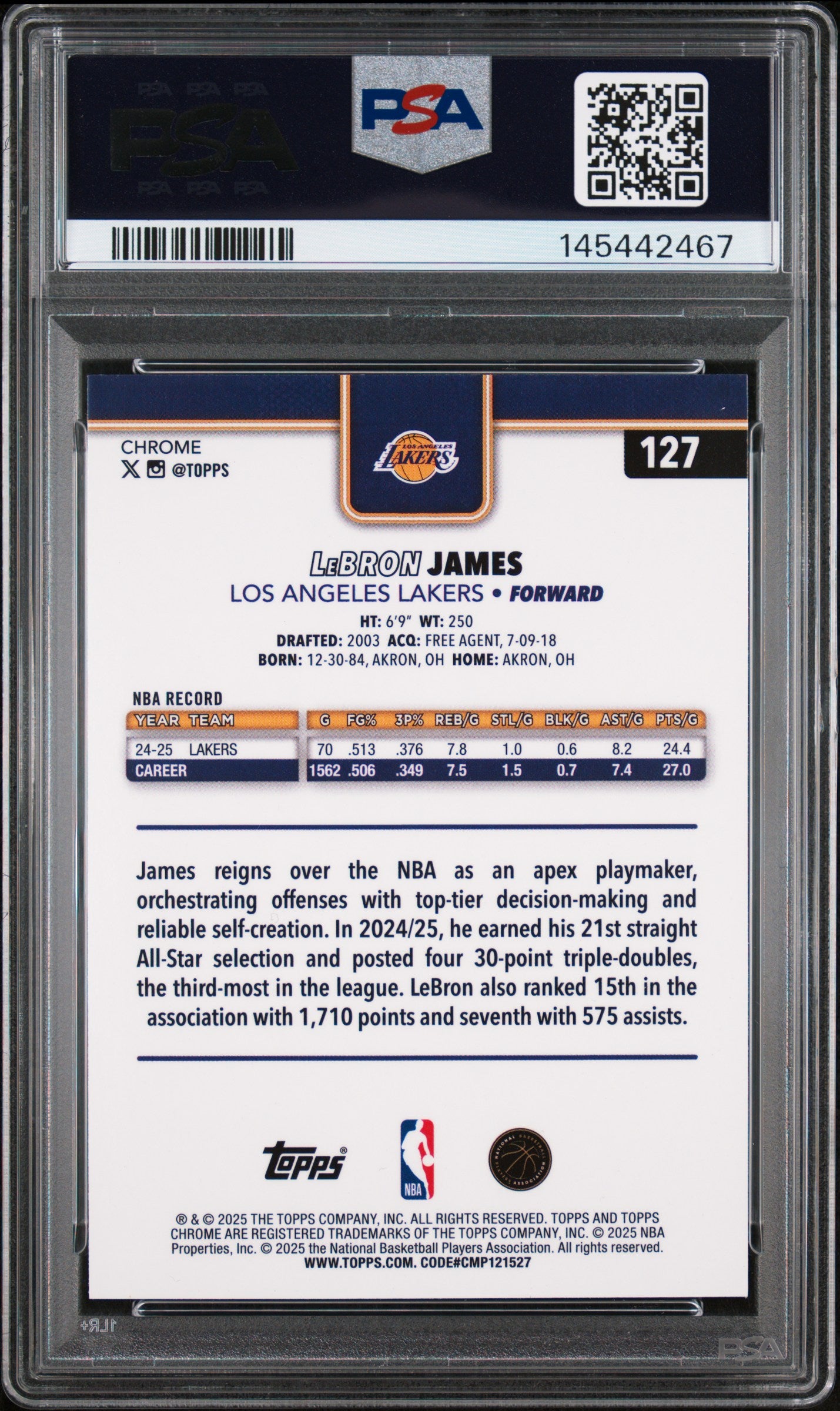 2025-26 Topps Chrome #127 LeBron James Blue Basketball Refractor PSA 10 #/150