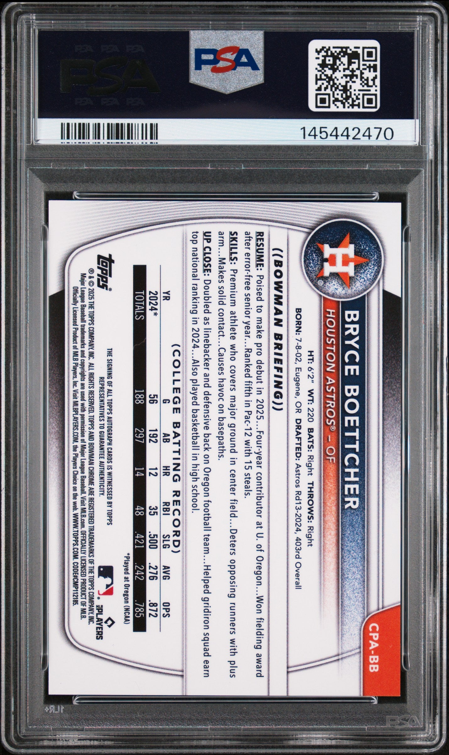 2025 Bowman Chrome #CPA-BB Bryce Boettcher Prospect Autographs Red PSA 10 #/5