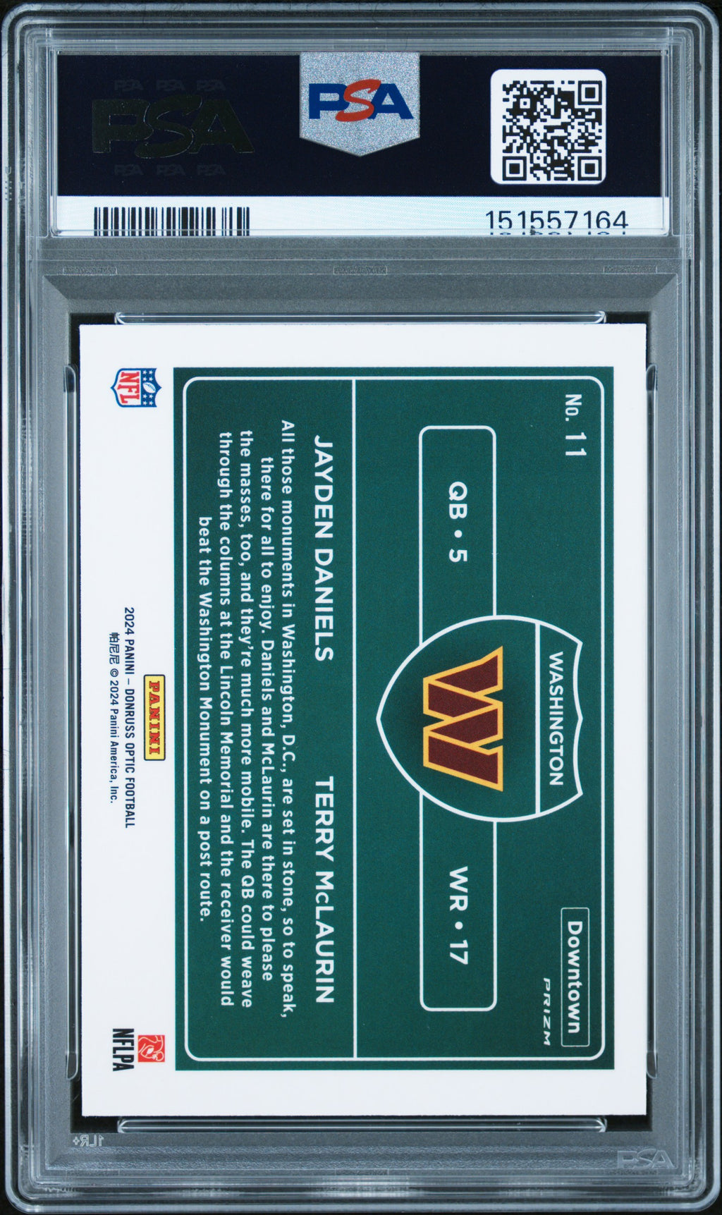2024 Donruss Optic #11 Jayden Daniels / Terry McLaurin Downtown Duos PSA 10