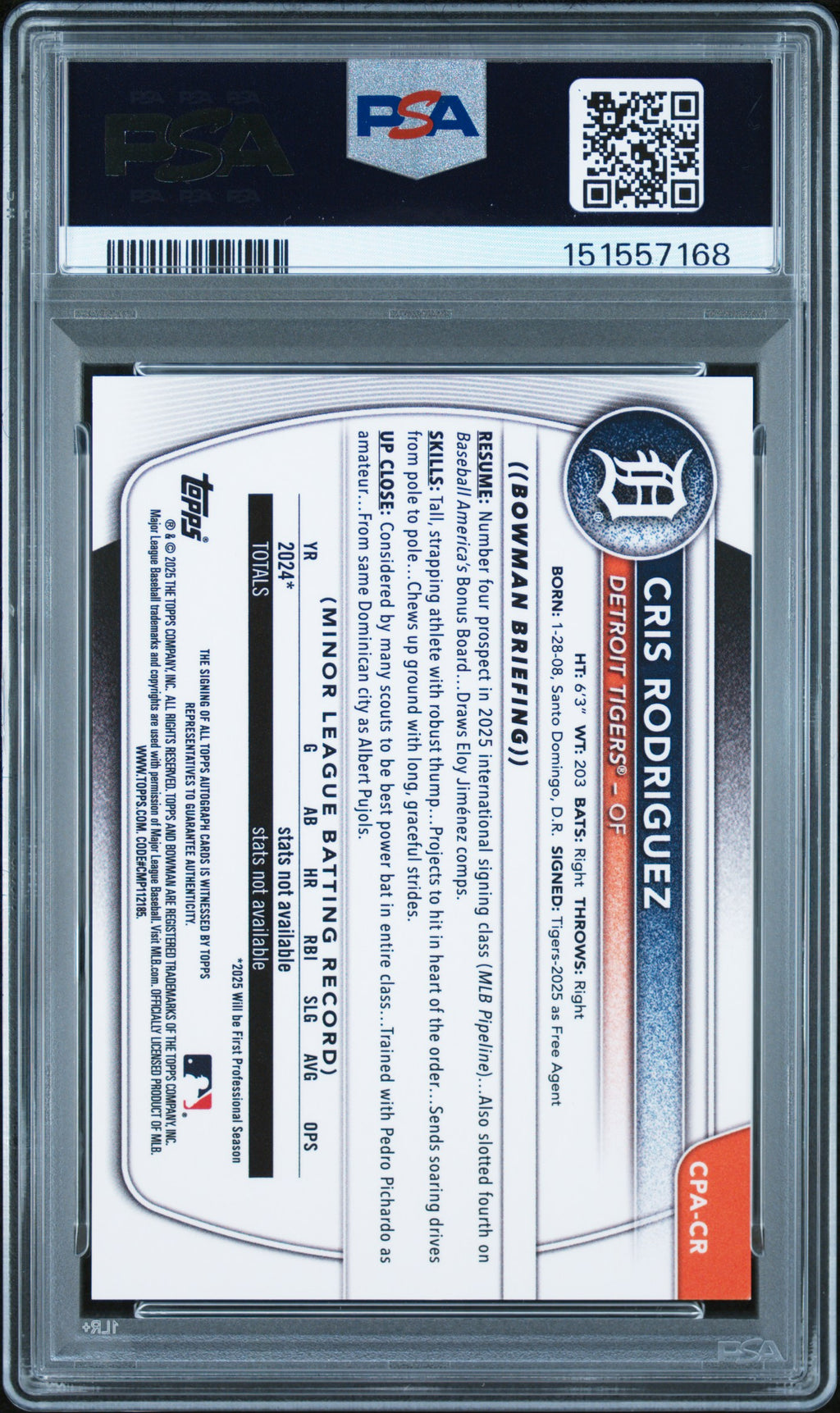 2025 Bowman Chrome #CPA-CR Cris Rodriguez Auto Orange Shimmer PSA 9 #/25