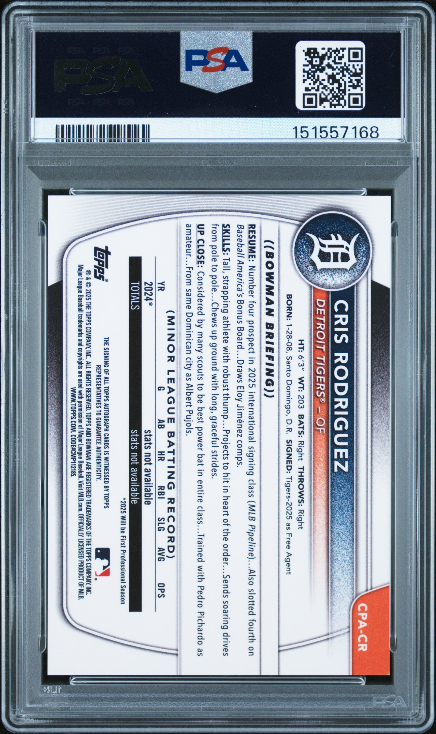 2025 Bowman Chrome #CPA-CR Cris Rodriguez Auto Orange Shimmer PSA 9 #/25