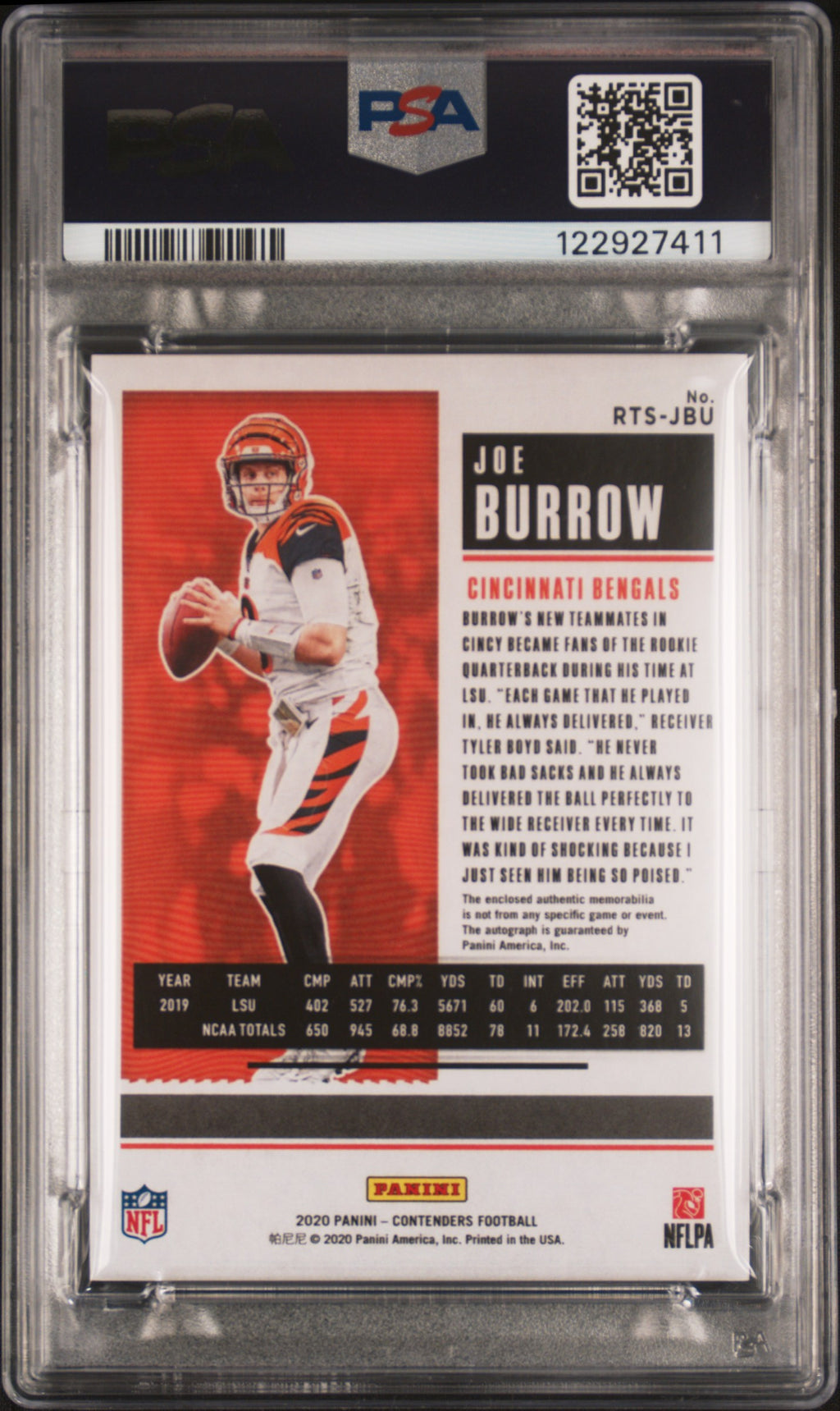 2020 Panini Contenders #RTS-JBU Joe Burrow Rookie Ticket Swatches Auto PSA 9