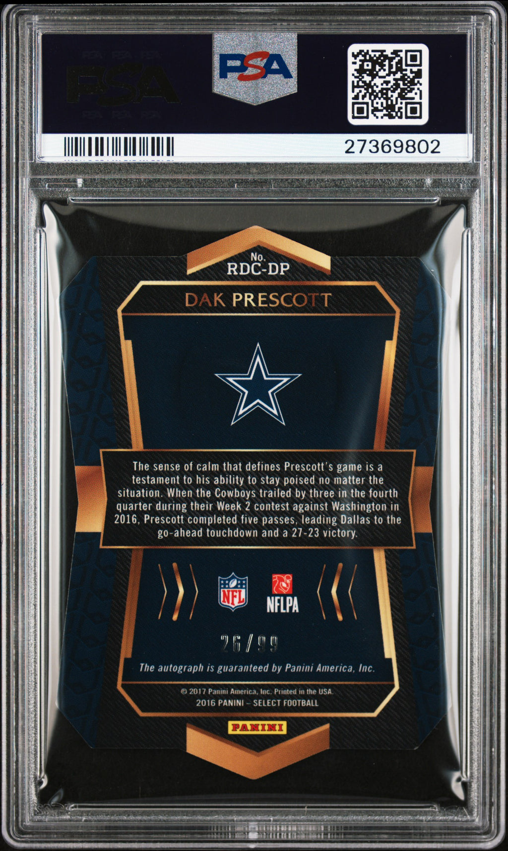 2016 Panini Select #RDC-DP Dak Prescott Rookie Die Cut Auto Prizm PSA 10 #/99