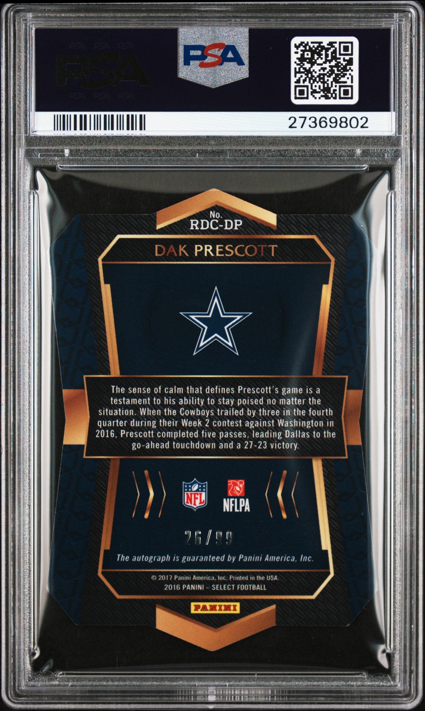 2016 Panini Select #RDC-DP Dak Prescott Rookie Die Cut Auto Prizm PSA 10 #/99