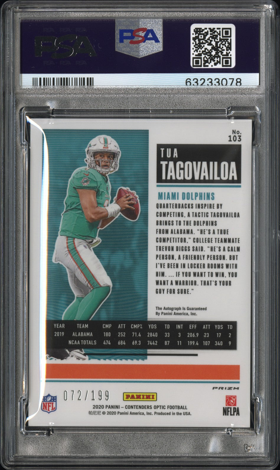 2020 Panini Contenders Optic #103 Tua Tagovailoa Red PSA 9 #/199