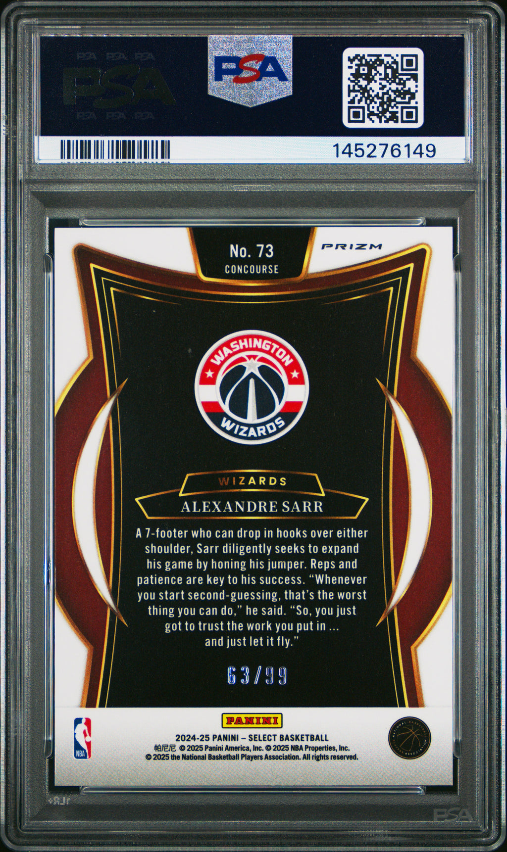 2024-25 Panini Select #73 Alexandre Sarr White Wave Prizm PSA 10 #/99