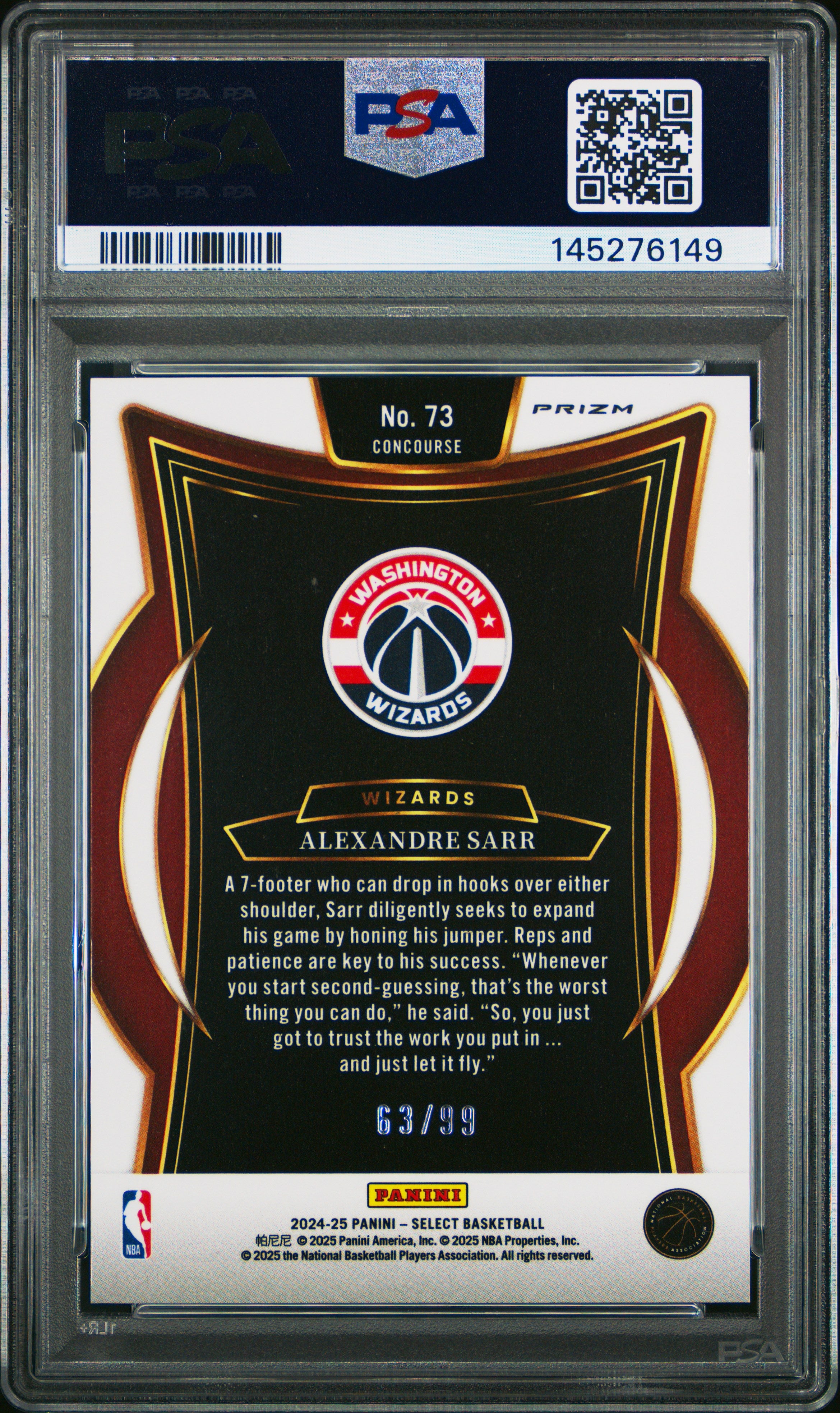 2024-25 Panini Select #73 Alexandre Sarr White Wave Prizm PSA 10 #/99