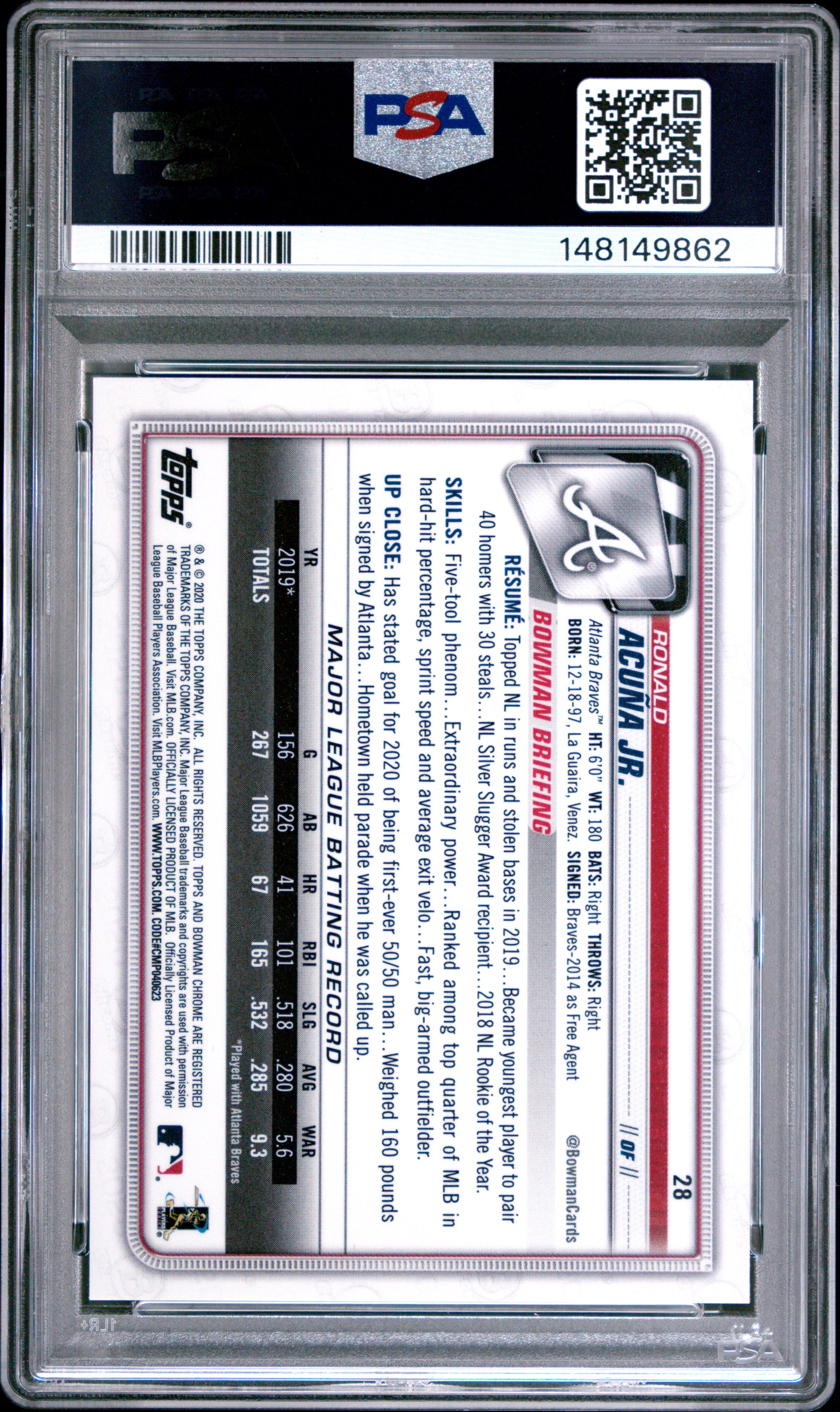 2020 Bowman Chrome #28 Ronald Acuña Jr. Green Refractor PSA 8 #/99