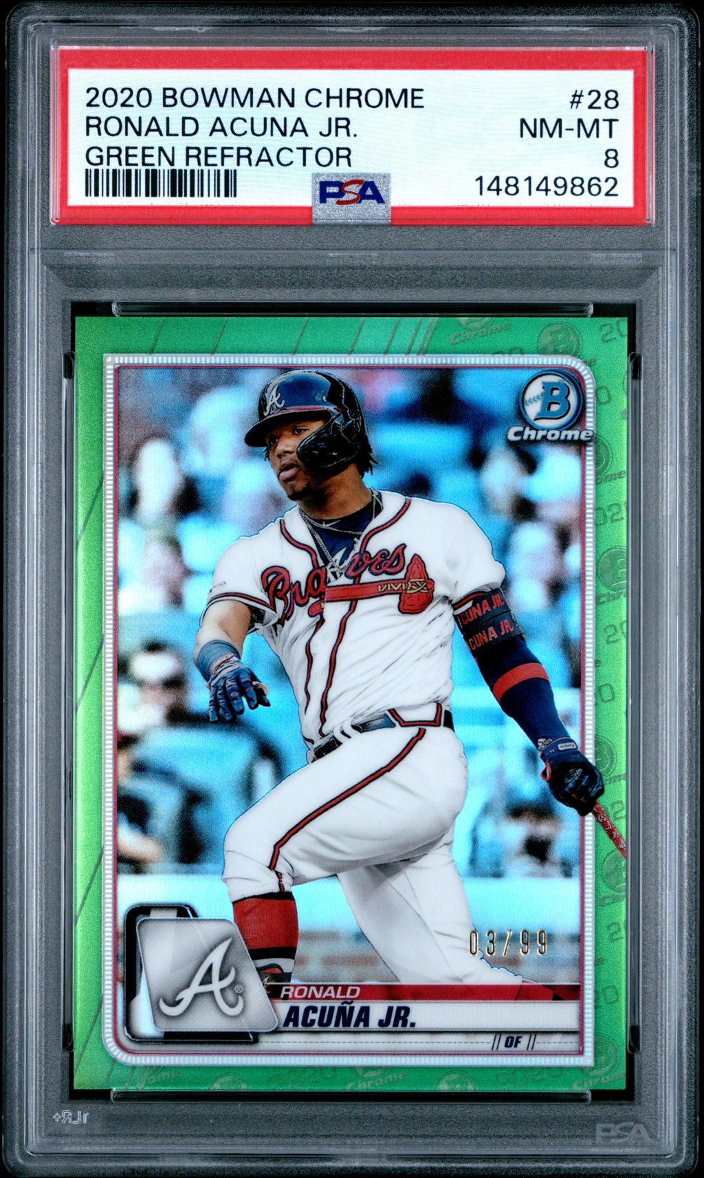 2020 Bowman Chrome #28 Ronald Acuña Jr. Green Refractor PSA 8 #/99