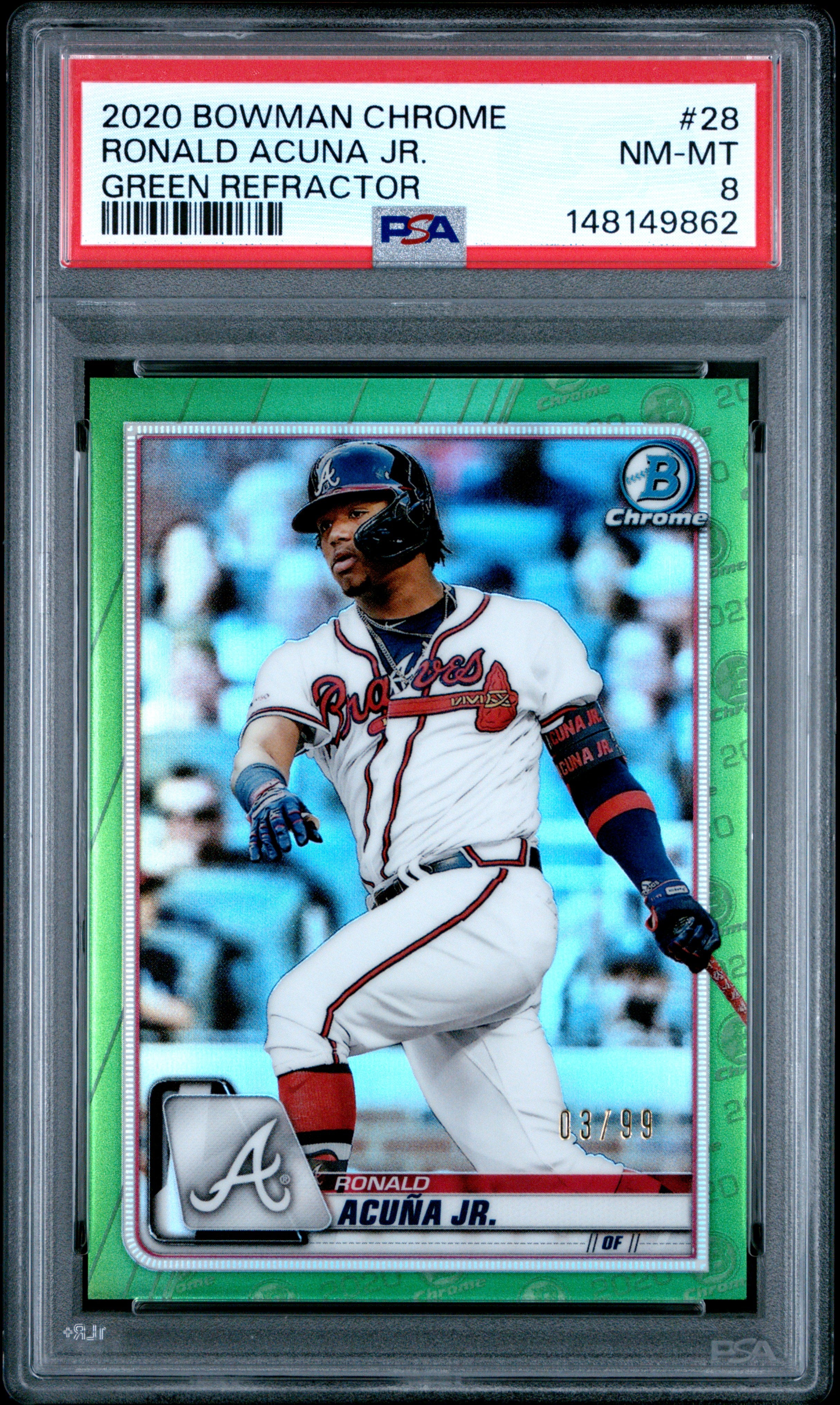 2020 Bowman Chrome #28 Ronald Acuña Jr. Green Refractor PSA 8 #/99