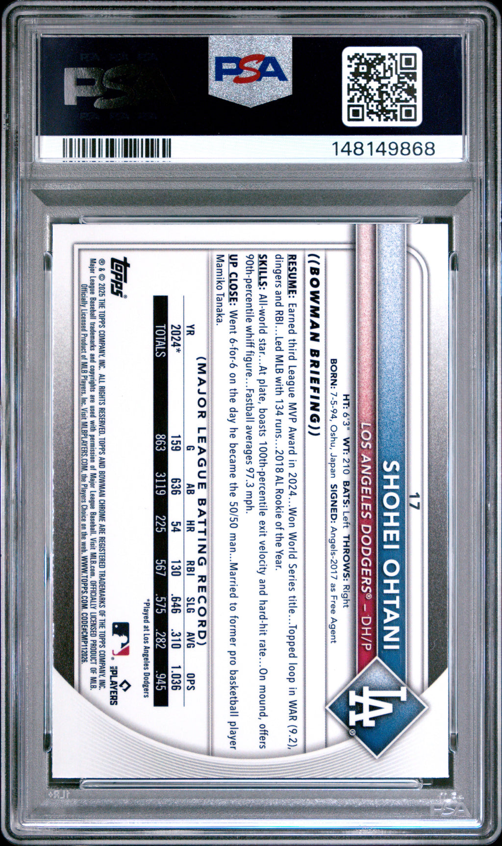 2025 Bowman Chrome #17 Shohei Ohtani Pulsar PSA 10 #/399