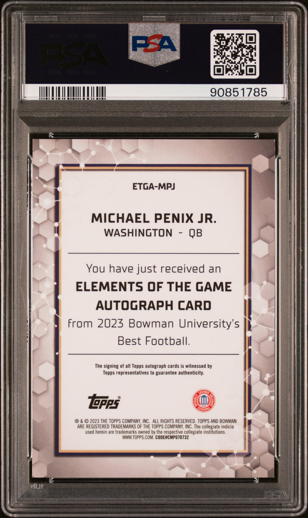 2023 Bowman Best Michael Penix Jr Elements of Greatness Auto Orange PSA 10 #/25