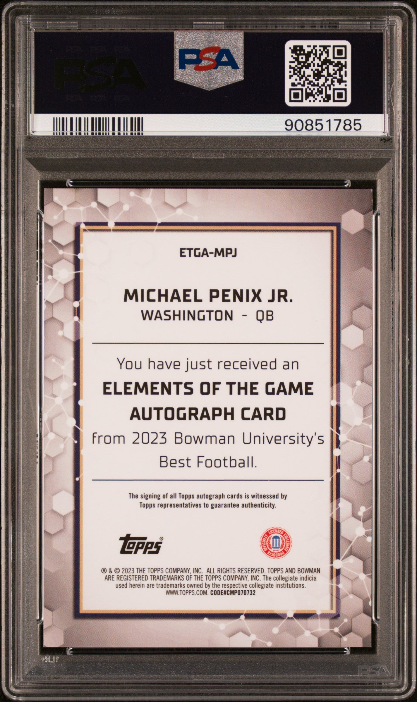 2023 Bowman Best Michael Penix Jr Elements of Greatness Auto Orange PSA 10 #/25