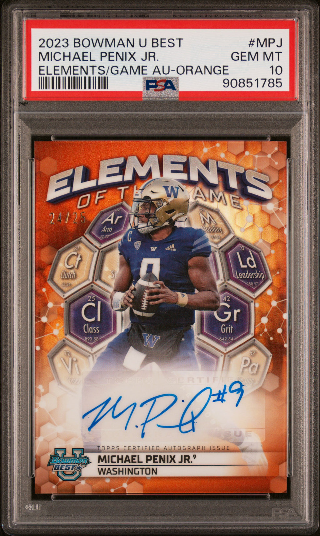 2023 Bowman Best Michael Penix Jr Elements of Greatness Auto Orange PSA 10 #/25
