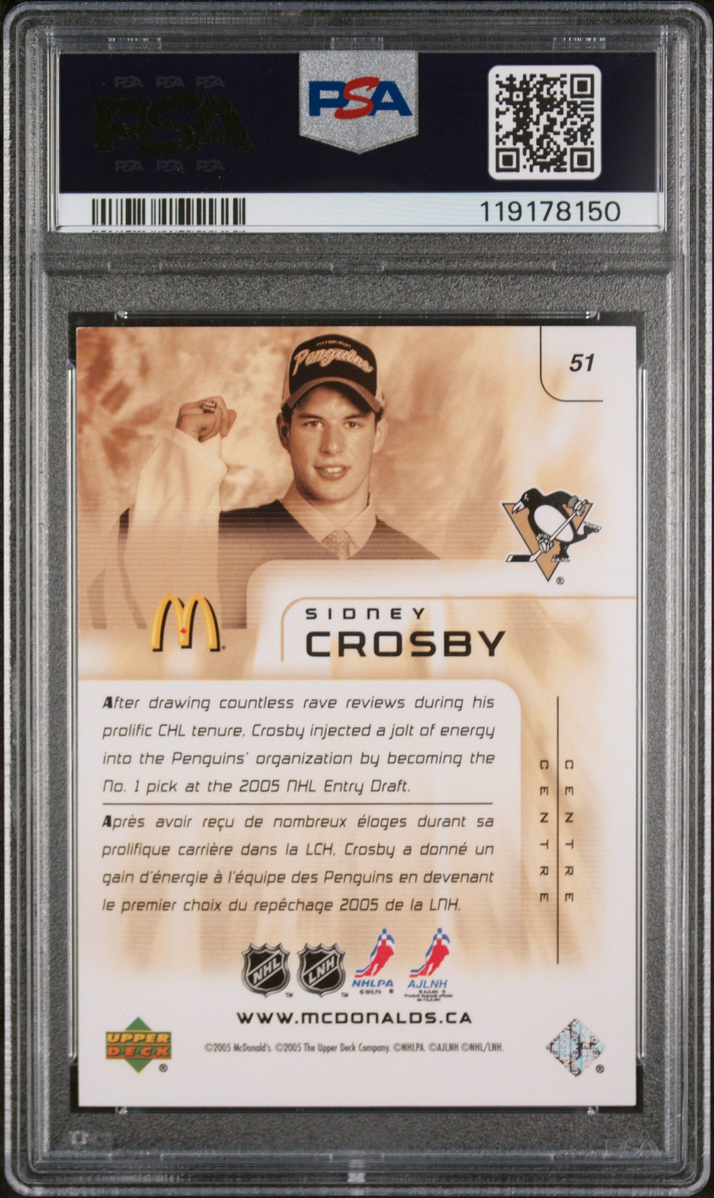 2005-06 Upper Deck McDonald's #51 Sidney Crosby PSA 9
