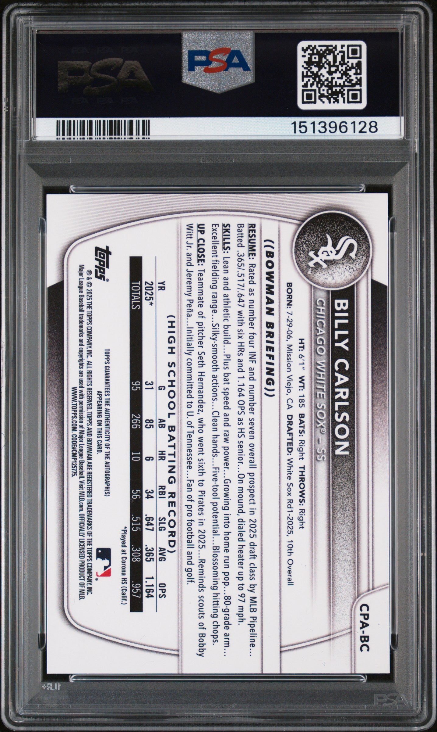 2025 Bowman Draft #CPA-BC Billy Carlson Chrome PSA 10 Auto 10 Red Lava #/5