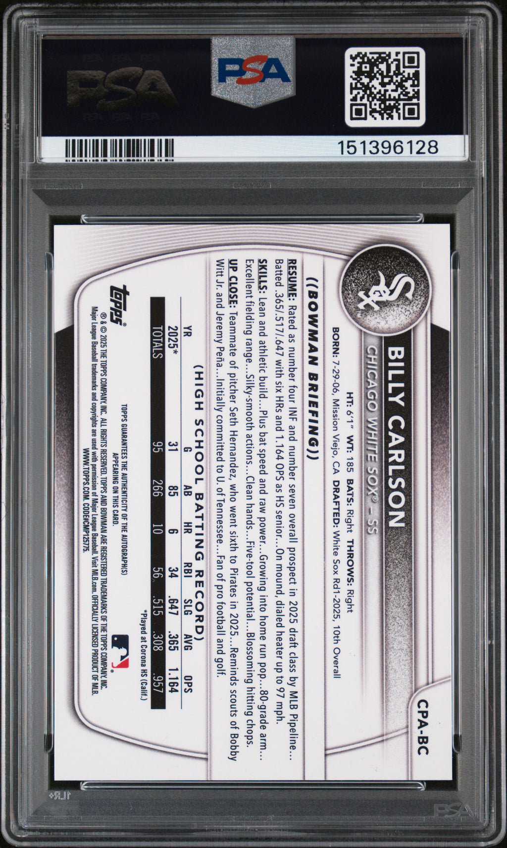 2025 Bowman Draft #CPA-BC Billy Carlson Chrome PSA 10 Auto 10 Red Lava #/5