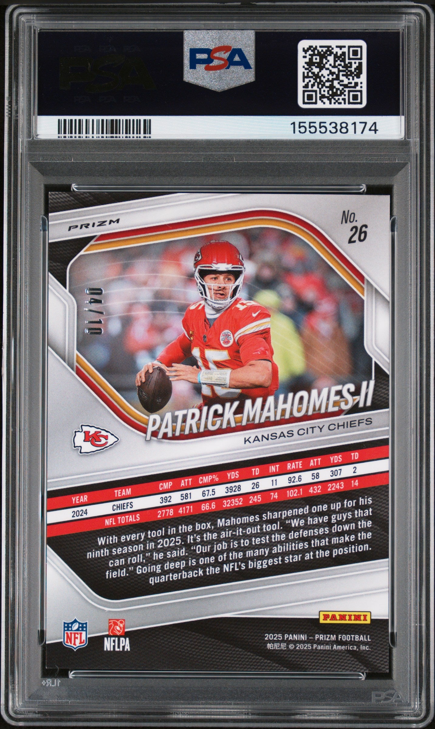 2025 Panini Prizm #26 Patrick Mahomes II Choice Gold PSA 9 #/10